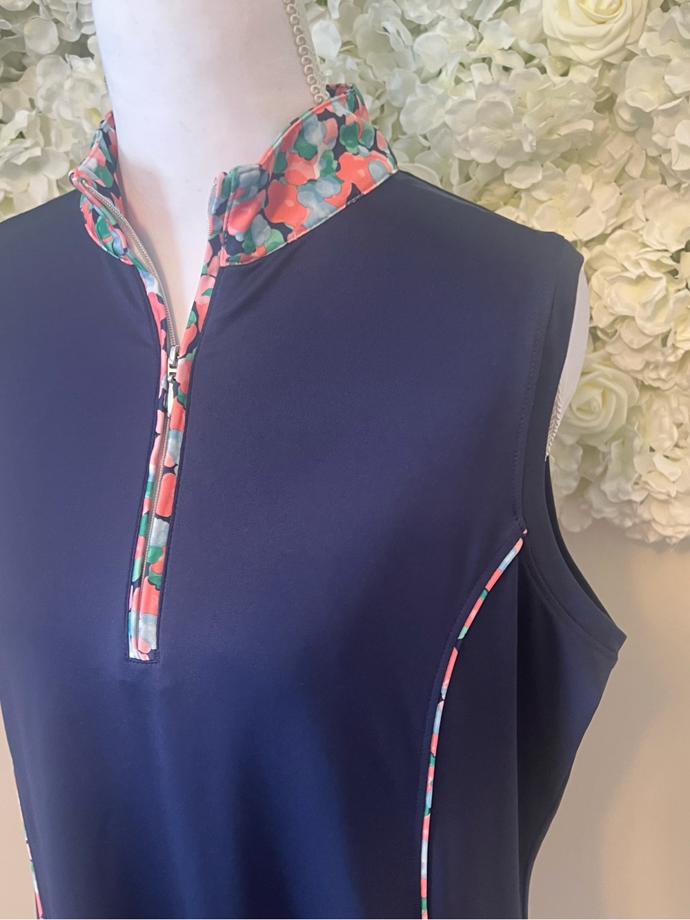 Pebble Beach Navy Sleeveless Dress with Coral & Teal Floral Trim - Picture 6 of 9
